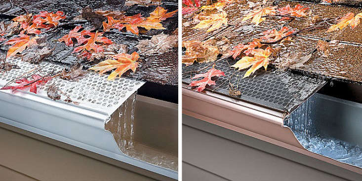 Close-up of gutter leaf guard system preventing leaves from entering gutters by AquaWorks® Rain Gutters