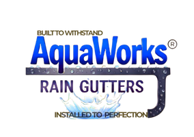 AquaWorks® Rain Gutters logo on a transparent background featuring a blue company name, a rain gutter graphic with water droplets, and the slogans 'Built to Withstand' and 'Installed to Perfection.'