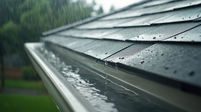 Close-up of rainwater flowing through seamless gutters installed by AquaWorks® Rain Gutters