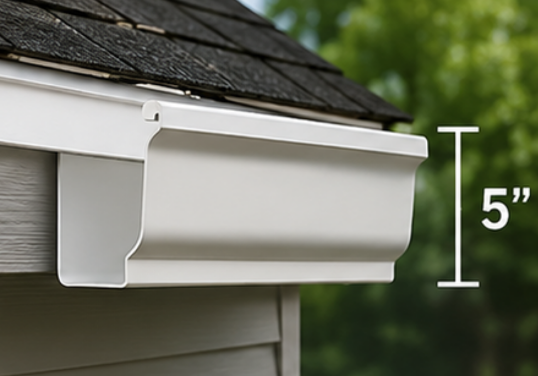 5 inch seamless gutter closeup view showing the size