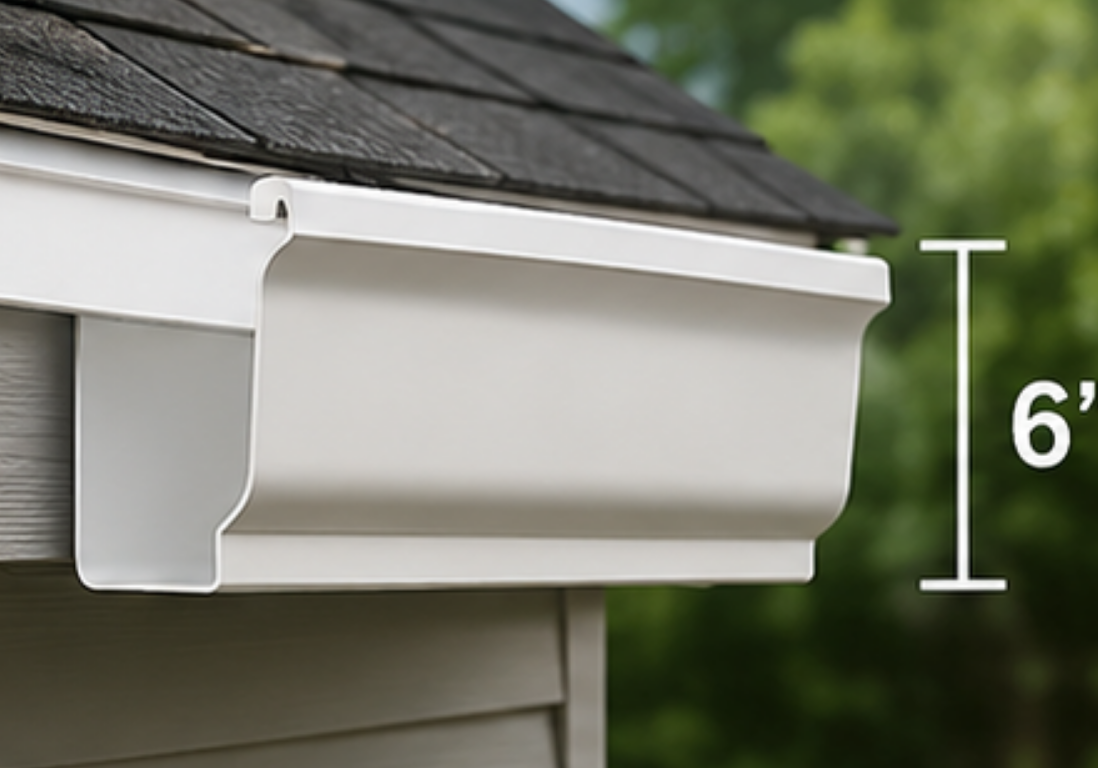 6 inch seamlesss gutter closeup view showing the size