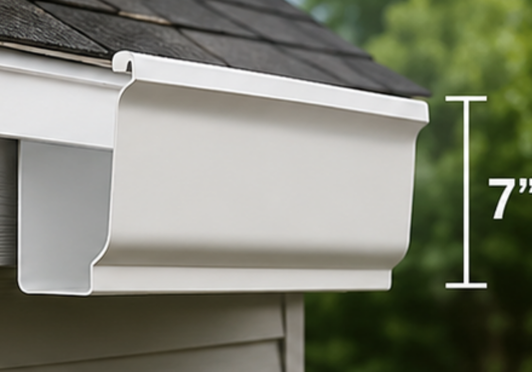 7 inch seamless gutter closeup view showing the size
