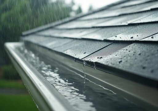 Close-up of rainwater flowing through seamless gutters installed by AquaWorks® Rain Gutters